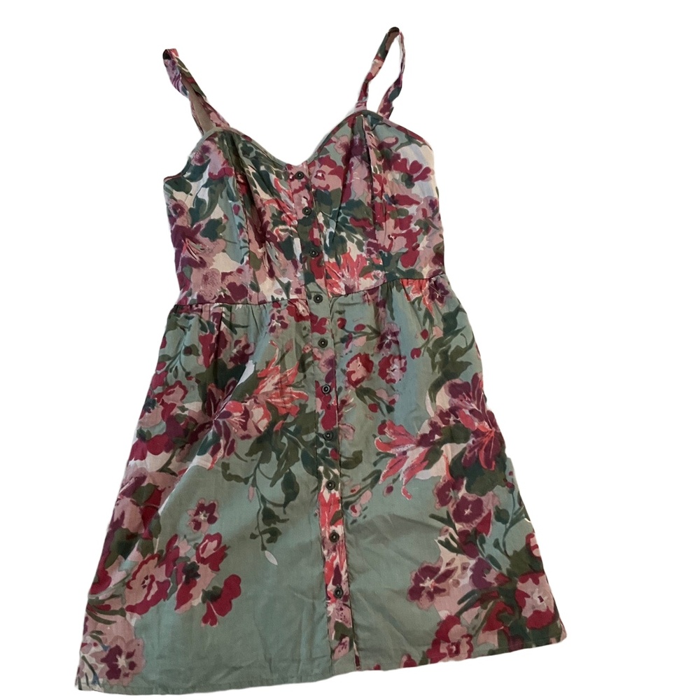 NWT Lottie Holly Green Floral Pattern Spaghetti Straps Button Front Sundress Dre